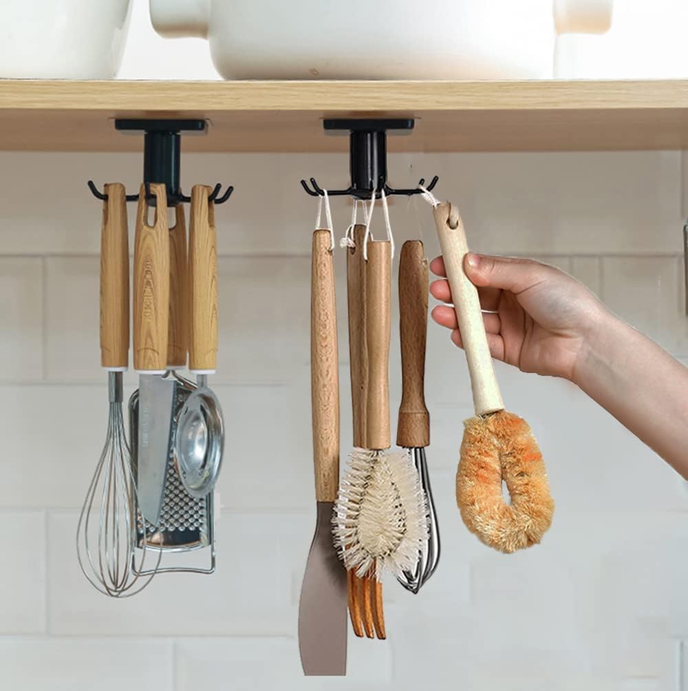 kitchen organization ideas for small spaces to keep your space clean and decluttered. Under cabinet kitchen utensils hooks.