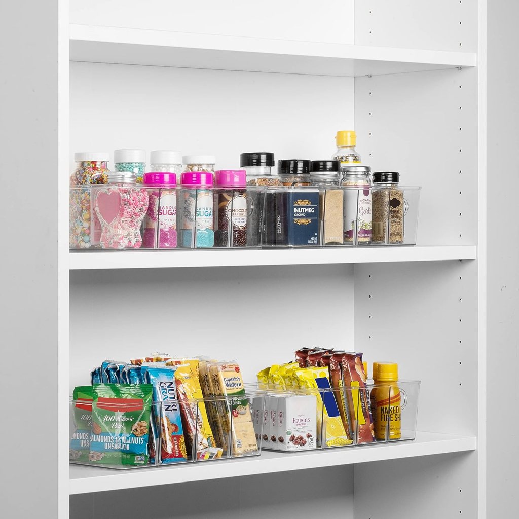 kitchen organization ideas for small spaces to keep your space clean and decluttered. Plastic pantry organizers and storage bins with removable dividers. 