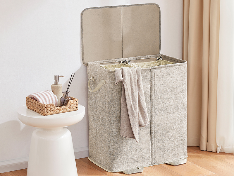 Lifewit Double Laundry Hamper with Lid and Removable Laundry Bags, Large Collapsible 2 Dividers Dirty Clothes Basket with Handles for Bedroom, Laundry Room, Closet, Bathroom, College, Beige