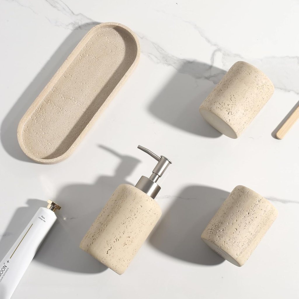 Neutral bathroom accessories. Neutral bathroom ideas. Modern bathroom accessories set