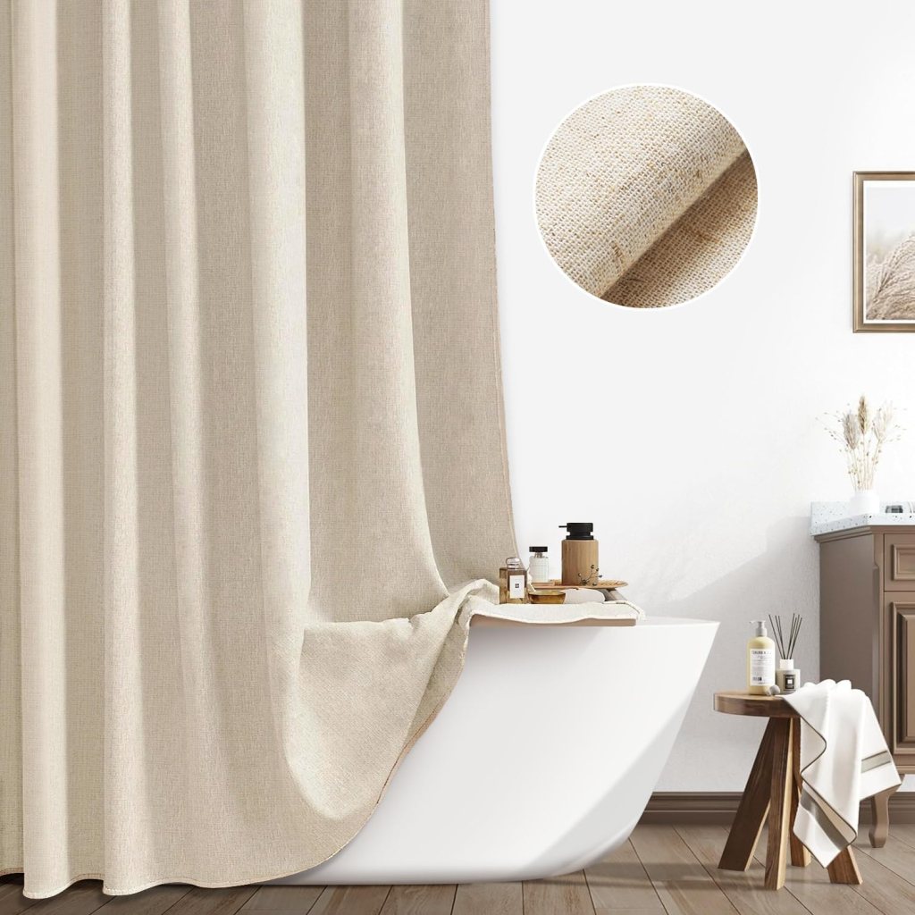 Beige linen shower curtain. Neutral bathroom accessories. Neutral bathroom ideas. 