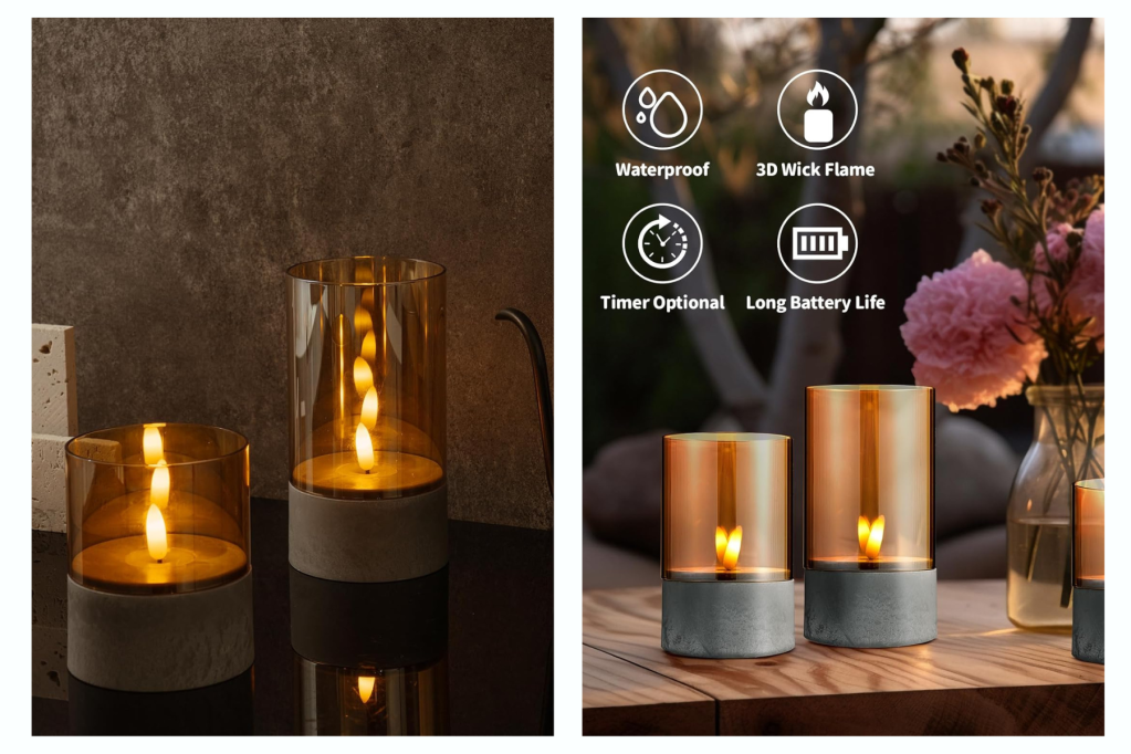 Gold Glass LED Candles with Cement Base - Battery Operated Candle Set with Timer, Waterproof Flameless Candles with 3D Wick for Patio, Outdoor, Camping, Bathing, Home Lighting Decor