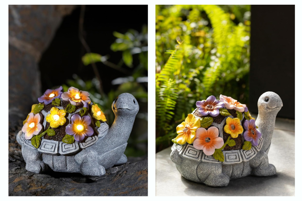 Solar Turtle Statue, Turtle Garden Statue with with Flowers and 7 LED Lights, Outdoor Sculpture for Yard, Garden, Lawn,Patio, Birthday Gifts for Mom, Housewarming Gifts